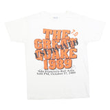 Mens White The Great Quake 1989 Graphic T-Shirt L Short Sleeve Crew Neck