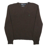 POLO RALPH LAUREN Mens Brown Wool Plain V-Neck Basic Knit Jumper M Classic