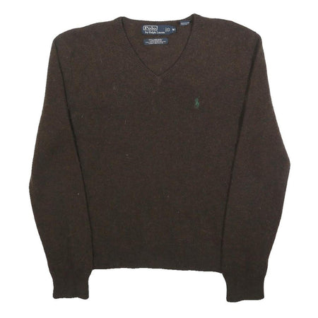 POLO RALPH LAUREN Mens Brown Wool Plain V-Neck Basic Knit Jumper M Classic