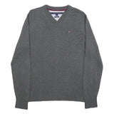 TOMMY HILFIGER Mens Grey Plain Cotton V-Neck Basic Knit Jumper M Casual Classic