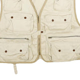 Mens Beige & Cream Cotton Blend Zip Jacket L Multi Pocket Outdoor Utility Vest