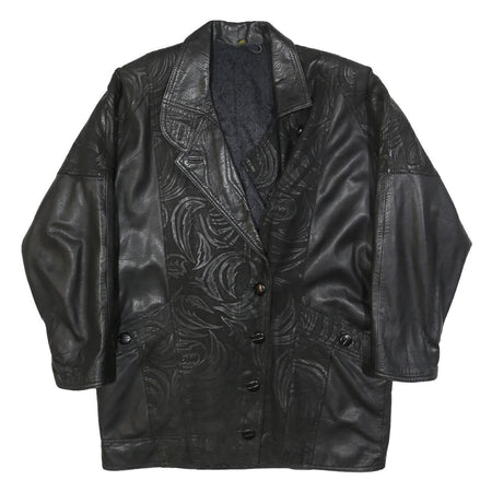 Womens Black XL Leather Button Jacket Plain Artistic Pattern Detailed
