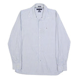 TOMMY HILFIGER Mens Blue & White Striped Cotton Shirt L Classic Fit Casual Long