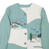 Womens Blue & White Embroidered Linen Blend Button Jacket M Plain Pastoral Scene