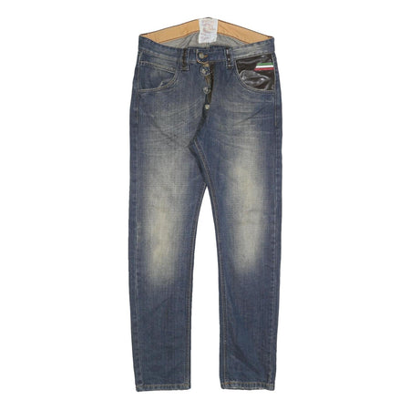 SMK Mens Slim Blue Denim Jeans W32 L32 Stylish Distressed with Leather Detail
