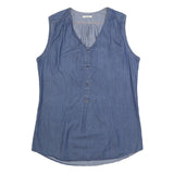 LEE Womens Blue Sleeveless V-Neck Cotton Blend Top L Casual Summer Style