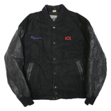 Mens Black Wool Blend Button Jacket L Leather Sleeve Plain Classic