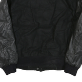 Mens Black Wool Blend Button Jacket L Leather Sleeve Plain Classic