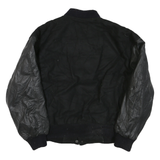 Mens Black Wool Blend Button Jacket L Leather Sleeve Plain Classic