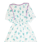 Womens White & Turquoise Floral Day Polyester Dress UK 10 Elastic Waist Midi