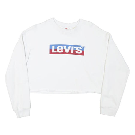 LEVI'S Womens White Sweatshirt XS Crew Neck Cotton Blend Cropped Logo Pullover