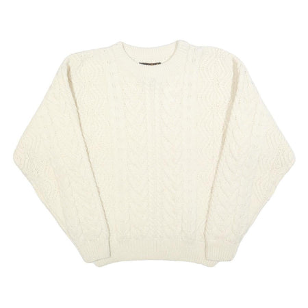 EDDIE BAUER Womens Cream Plain Wool Cable Knit Crew Neck Jumper M Soft Warm