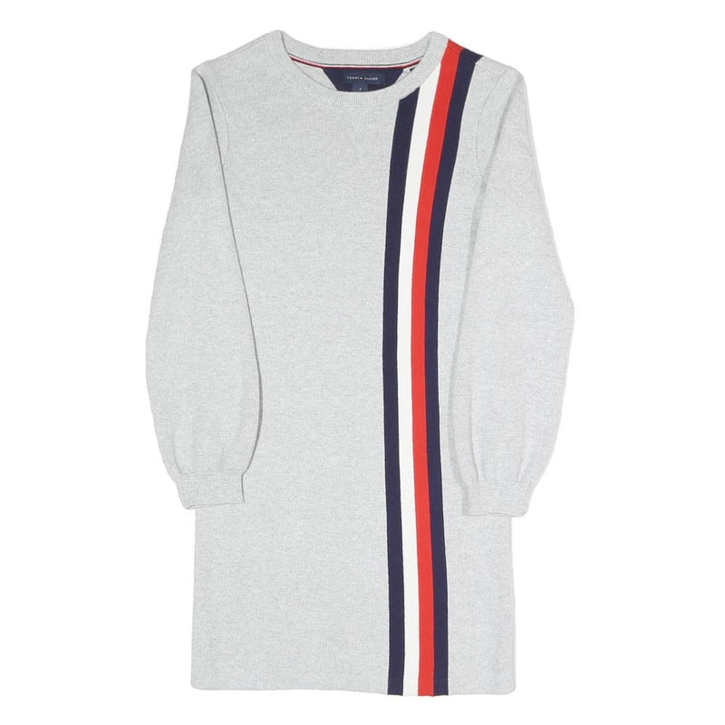 TOMMY HILFIGER Girls Grey Cotton Blend Jersey Shift Dress 7Y Striped Casual