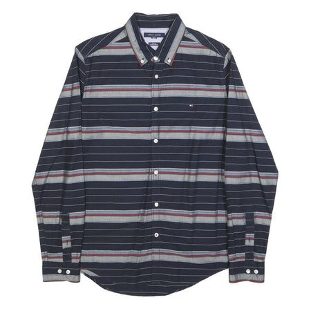 TOMMY HILFIGER Mens Navy Blue & Grey Striped Cotton Blend Shirt M Button-Down