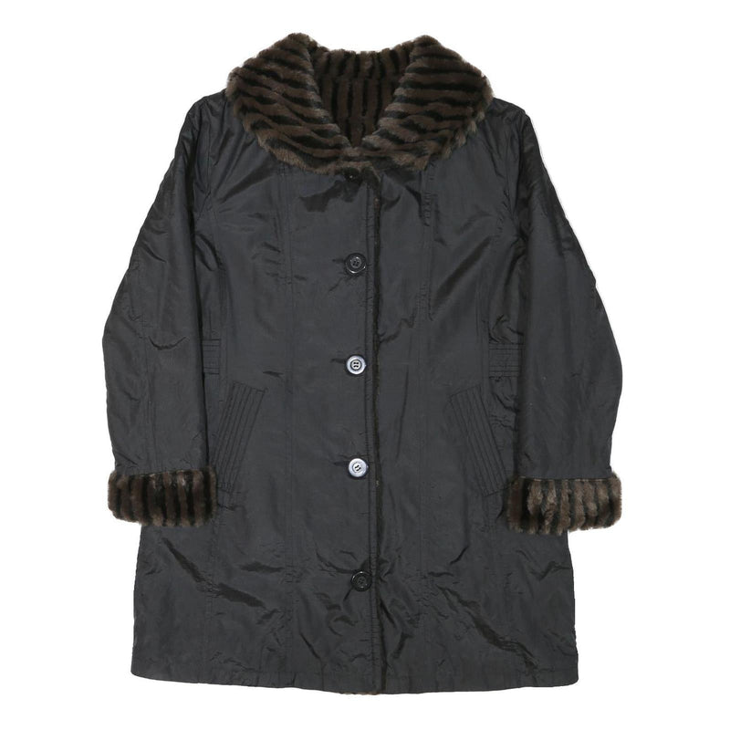 Womens Black Reversible Faux Fur Collar Button Jacket M Polyester Blend Classic