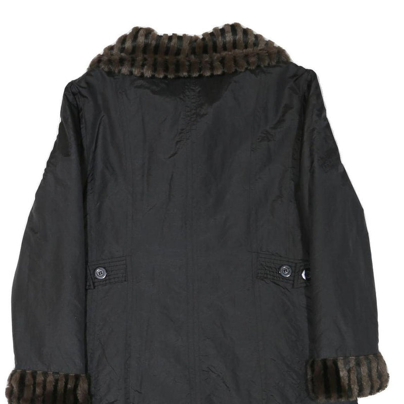 Womens Black Reversible Faux Fur Collar Button Jacket M Polyester Blend Classic