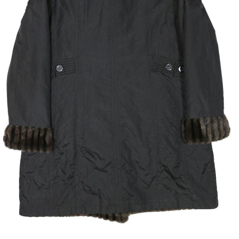 Womens Black Reversible Faux Fur Collar Button Jacket M Polyester Blend Classic