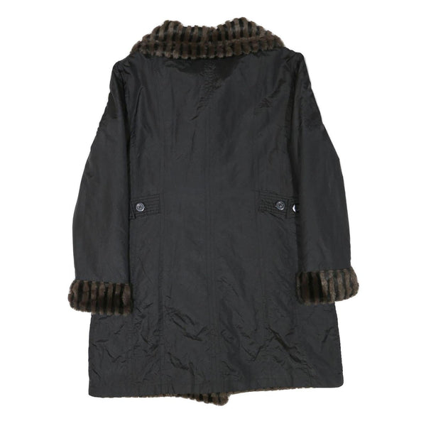 Womens Black Reversible Faux Fur Collar Button Jacket M Polyester Blend Classic