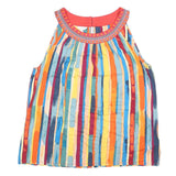 MONSOON Womens Multicolour Striped Sleeveless Round Neck Top L Summer Boho