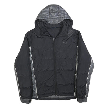 FILA Mens Black & Grey Puffer Jacket XL Polyester Zip Hooded Plain Sportswear