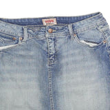 NO BOUNDARIES Womens Blue Denim Mini Cotton Blend Skirt L Casual Pocketed