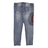 Mens Regular Fit Blue Denim Jeans W38 L32 Distressed Embroidered Design Zip