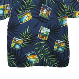 CHEROKEE Mens Blue Rayon Hawaiian Shirt M Tropical Postcard Print Summer