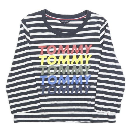 TOMMY HILFIGER Womens Black & White Striped Crew Neck S Sweatshirt Logo Print