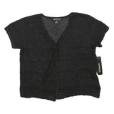 IMPRESS Womens Black Crochet Top Short Sleeve V-Neck L Lightweight Summer