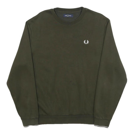 FRED PERRY Mens Green Sweatshirt Crew Neck L Cotton Blend Logo Print