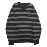 TOMMY HILFIGER Mens Black & Grey Patterned Cotton Jumper V-Neck Basic Knit L