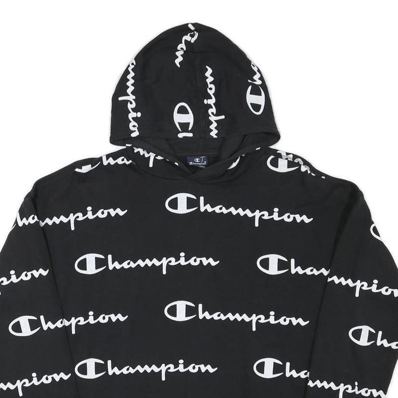CHAMPION Boys Black Hoodie XL All Over Script Logo Print Sweatshirt
