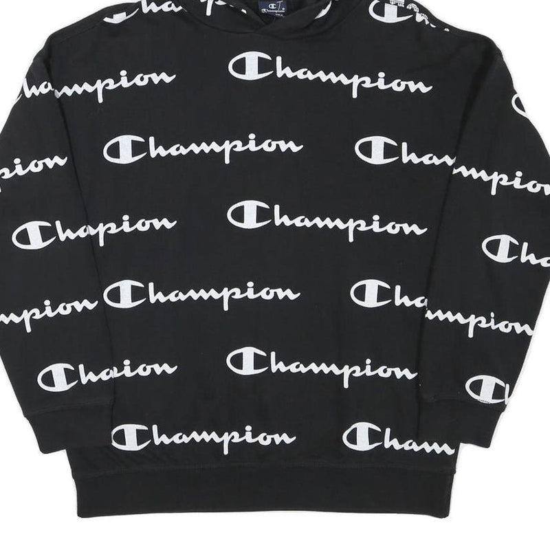 CHAMPION Boys Black Hoodie XL All Over Script Logo Print Sweatshirt