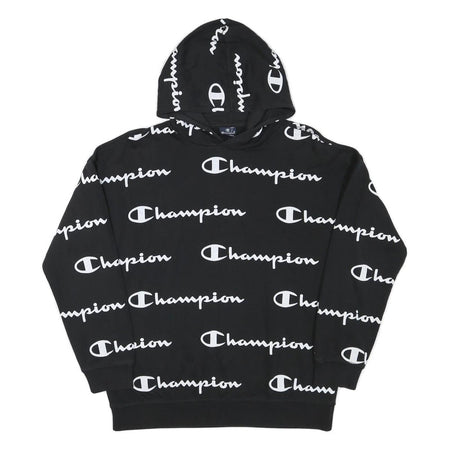 CHAMPION Boys Black Hoodie XL All Over Script Logo Print Sweatshirt