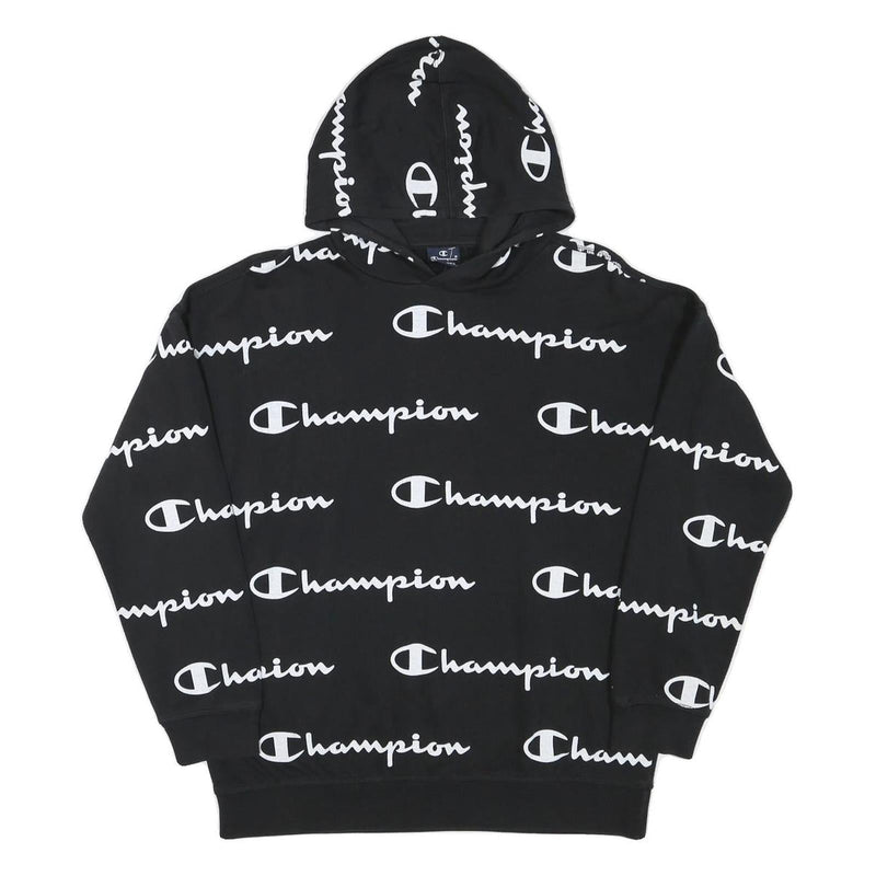 CHAMPION Boys Black Hoodie XL All Over Script Logo Print Sweatshirt