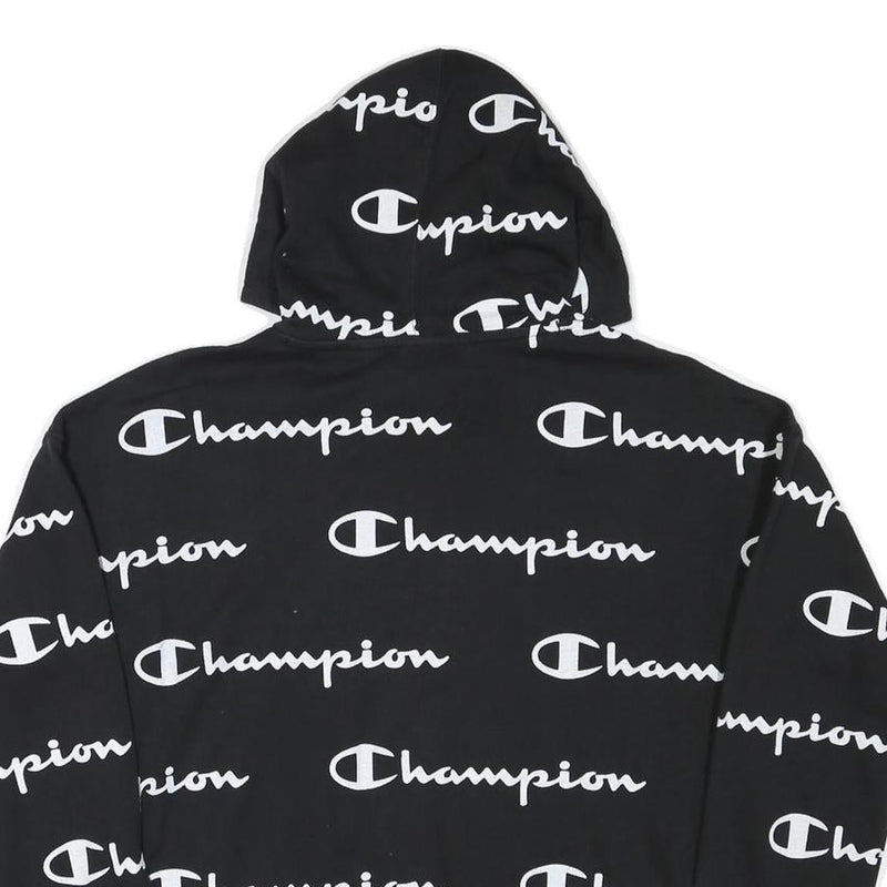 CHAMPION Boys Black Hoodie XL All Over Script Logo Print Sweatshirt