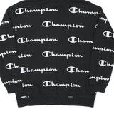 CHAMPION Boys Black Hoodie XL All Over Script Logo Print Sweatshirt