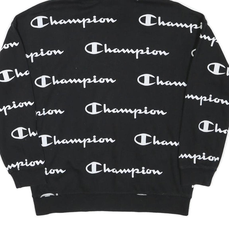 CHAMPION Boys Black Hoodie XL All Over Script Logo Print Sweatshirt