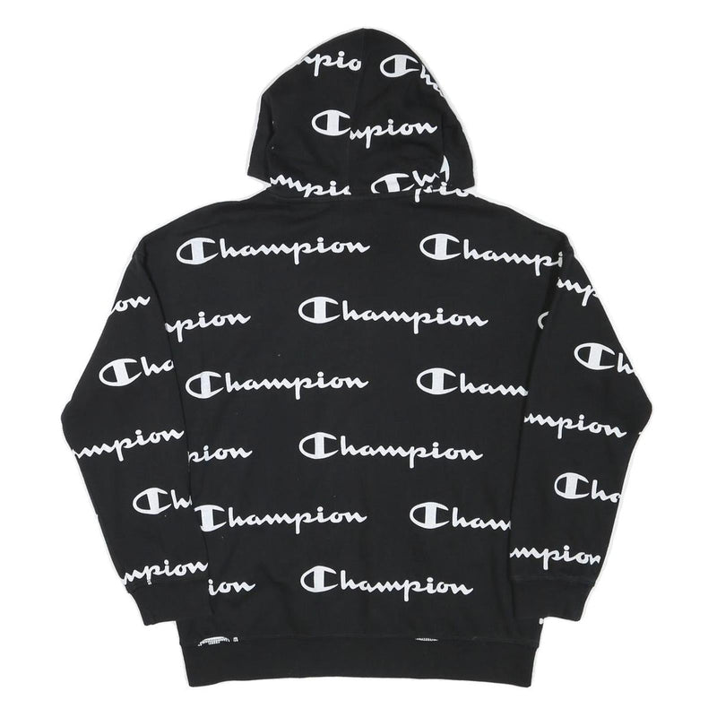 CHAMPION Boys Black Hoodie XL All Over Script Logo Print Sweatshirt