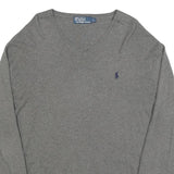 POLO RALPH LAUREN Mens Grey Plain V-Neck Basic Knit Jumper L Cotton Casual
