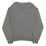 POLO RALPH LAUREN Mens Grey Plain V-Neck Basic Knit Jumper L Cotton Casual