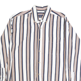 BASIC EDITIONS Mens White & Navy Striped Cotton Shirt S Button Down Casual