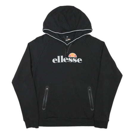ELLESSE Mens Black Hoodie M Cotton Blend Pullover Hooded Sweatshirt Logo Print