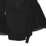 ZARA Womens Black Wrap Top Long Sleeve V-Neck Pleated Cuffs L