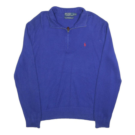 POLO RALPH LAUREN Mens Blue Jumper Plain 1/4 Zip Crew Neck Cotton L Stylish