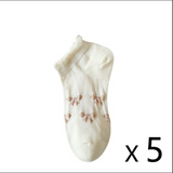 Anyfootwear 5 Pairs One Size 35-40 Women's Cute Invisible Boat Socks Ribbon Print Cotton Ankle Socks Summer Breathable Short No Show Socks