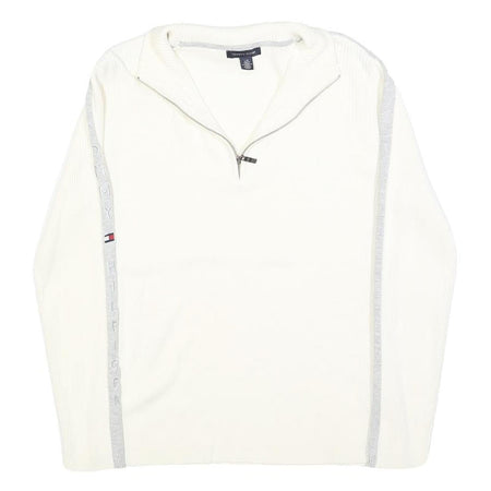 TOMMY HILFIGER Girls White & Grey Plain Jumper 1/4 Zip Basic Knit L Cotton Blend