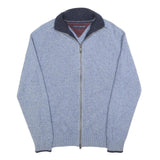 TOMMY HILFIGER Mens Blue Wool Blend Patterned Jumper Full Zip Crew Neck M Rib