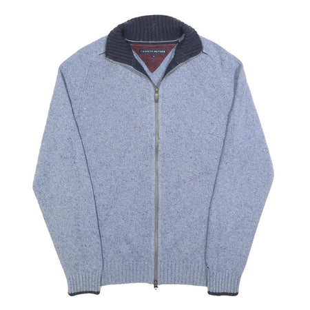 TOMMY HILFIGER Mens Blue Wool Blend Patterned Jumper Full Zip Crew Neck M Rib