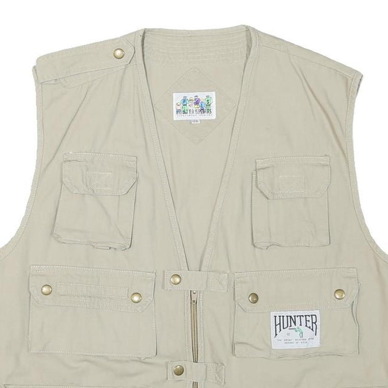 HUNTER SPORT Mens Beige Cotton Blend Utility Vest L Multi Pocket Zip Casual